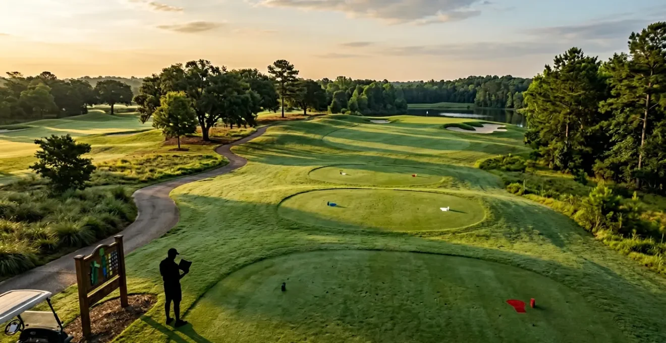 Golfer analyzing course scorecard with different tee box yardages and slopes on a championship golf course