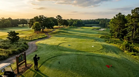 Golfer analyzing course scorecard with different tee box yardages and slopes on a championship golf course