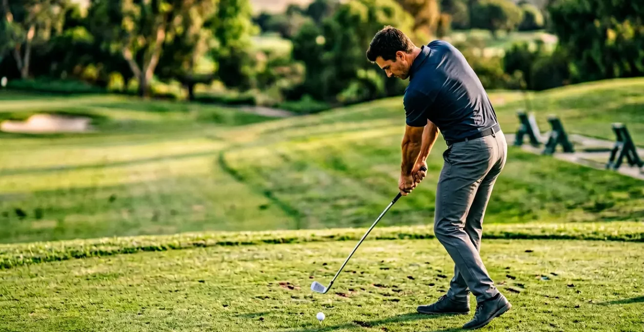 Golf downswing demonstrating kinetic chain sequence with emphasis on ground-up power transfer and athletic rotation