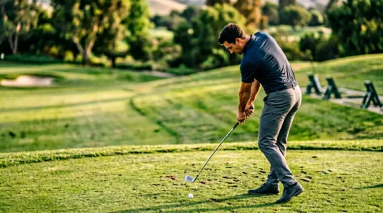 Golf downswing demonstrating kinetic chain sequence with emphasis on ground-up power transfer and athletic rotation