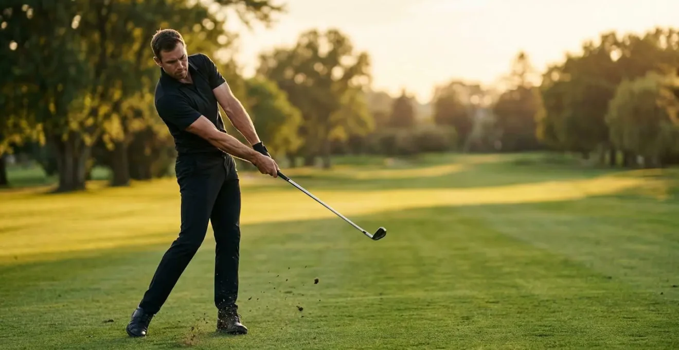 Professional golfer demonstrating perfect downswing sequence with kinetic chain visualization