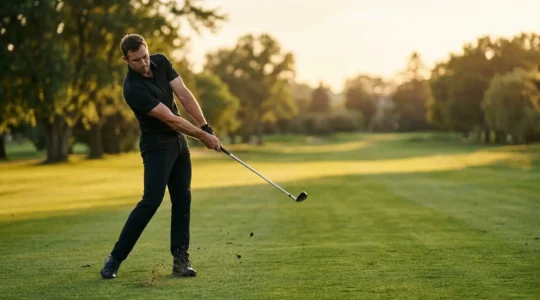 Professional golfer demonstrating perfect downswing sequence with kinetic chain visualization