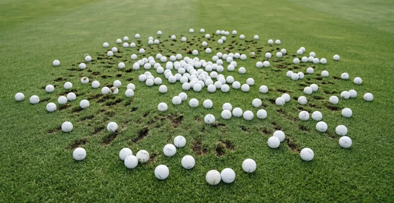 Overhead view showing driver shot dispersion pattern on golf course fairway