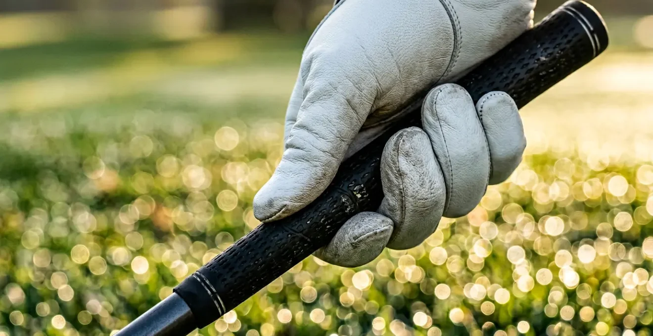 Professional golfer's hand wearing a perfectly fitted white golf glove gripping a club handle