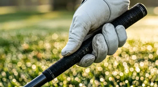 Professional golfer's hand wearing a perfectly fitted white golf glove gripping a club handle