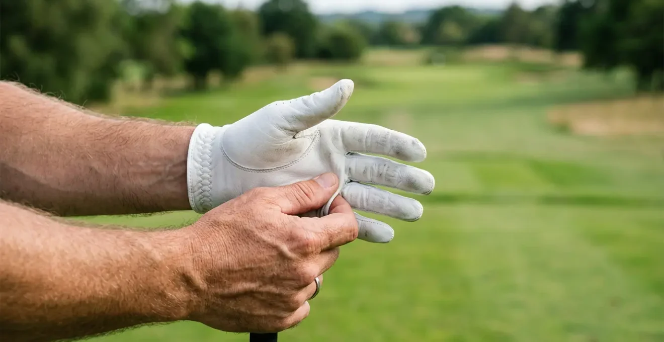 Close-up view of hands properly sizing a premium golf glove for optimal fit and blister prevention