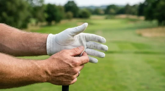 Close-up view of hands properly sizing a premium golf glove for optimal fit and blister prevention