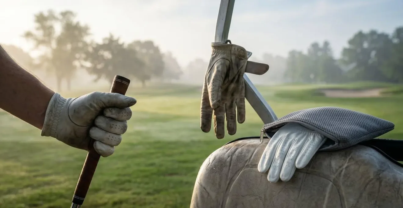 Multiple golf gloves hanging from golf cart to air dry during round rotation