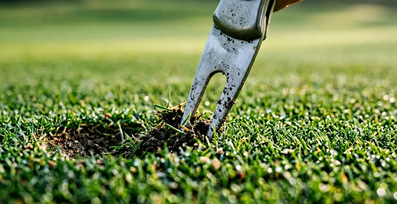 Close-up view of a divot repair tool correctly pushing turf inward on a pristine golf green, showing proper pitch mark restoration technique