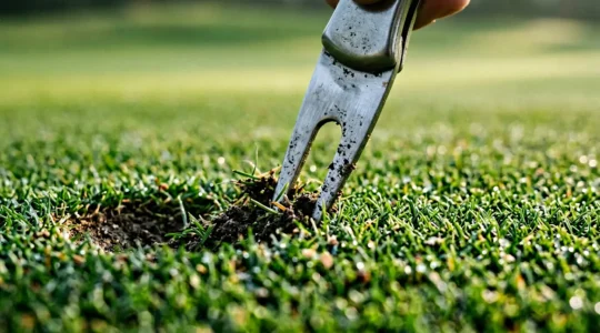 Close-up view of a divot repair tool correctly pushing turf inward on a pristine golf green, showing proper pitch mark restoration technique