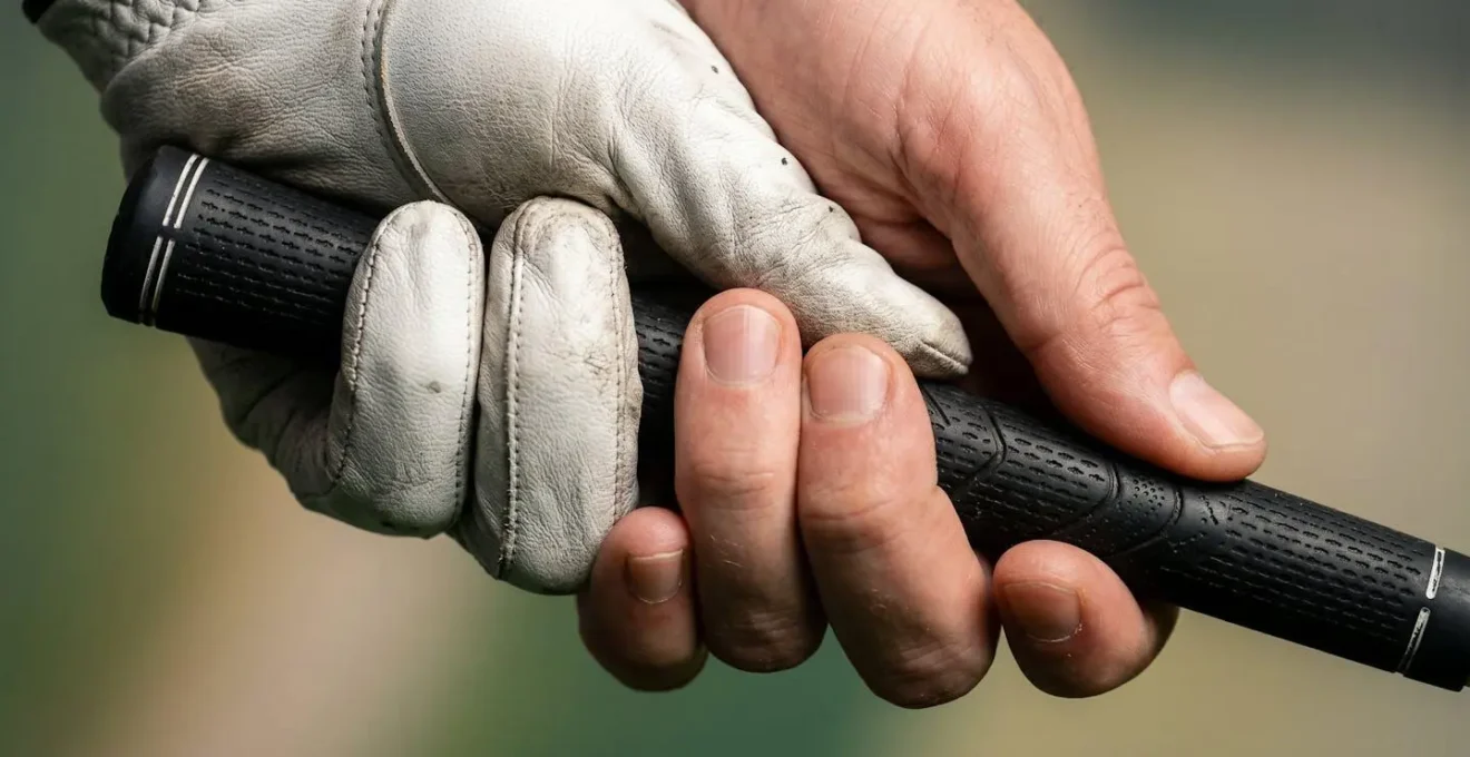 Extreme close-up of hands gripping a golf club, showing proper pressure points in the fingers.