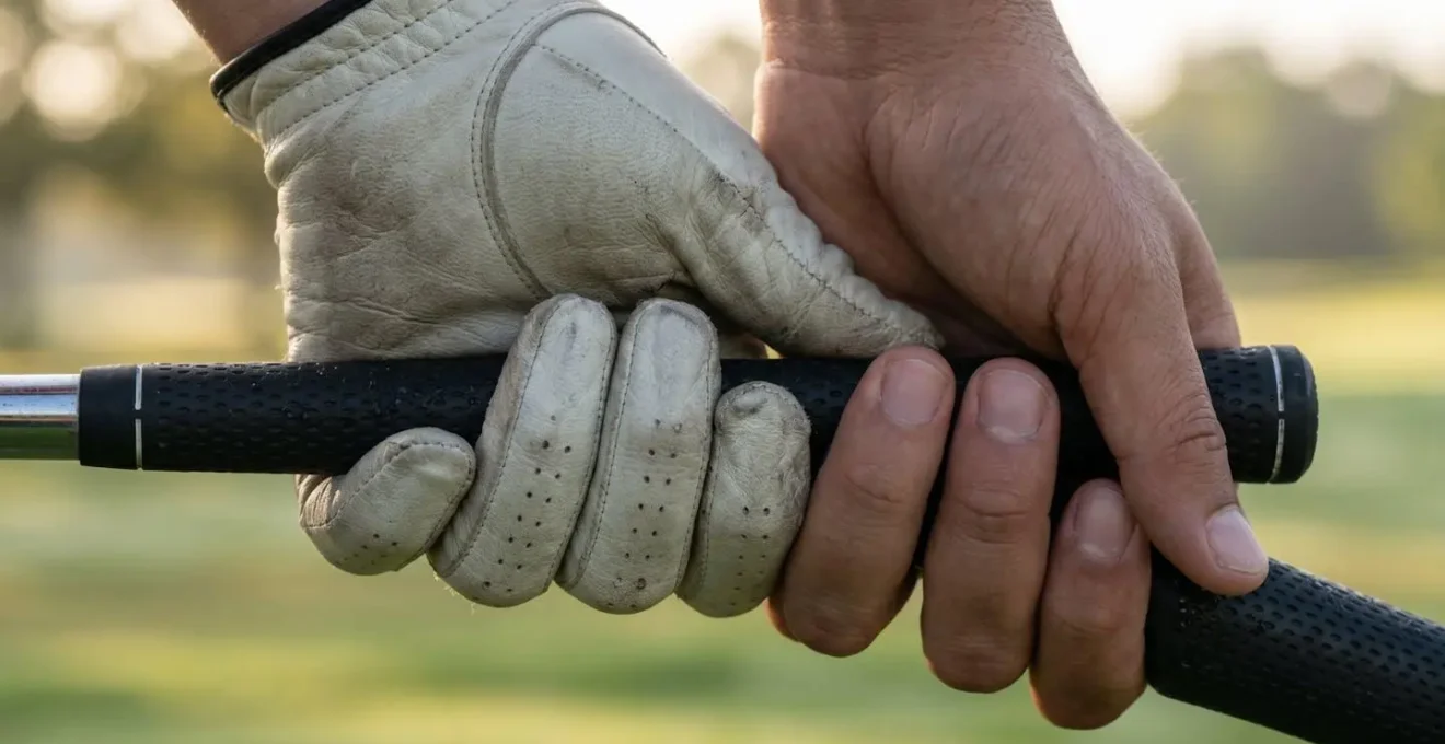 Macro shot of hands gripping a golf club showing proper pressure points on the fingers.