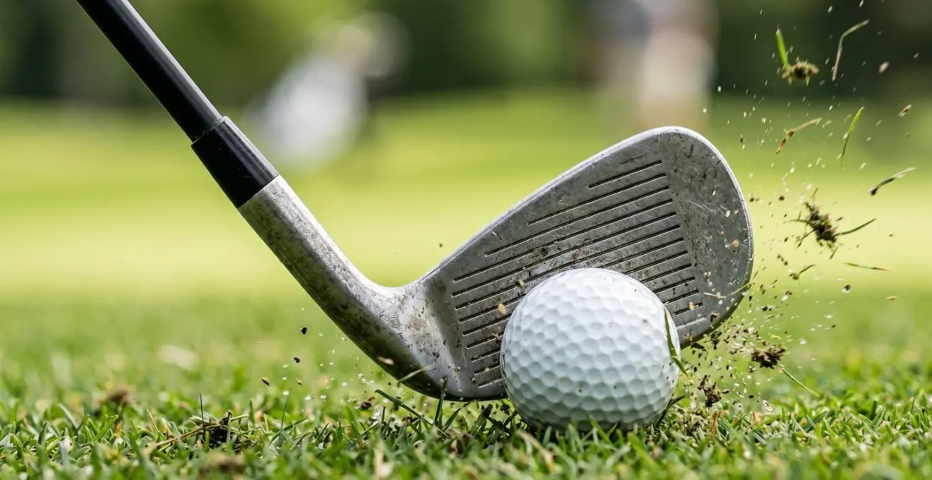 Close-up of golf club at impact showing forward shaft lean and ball compression