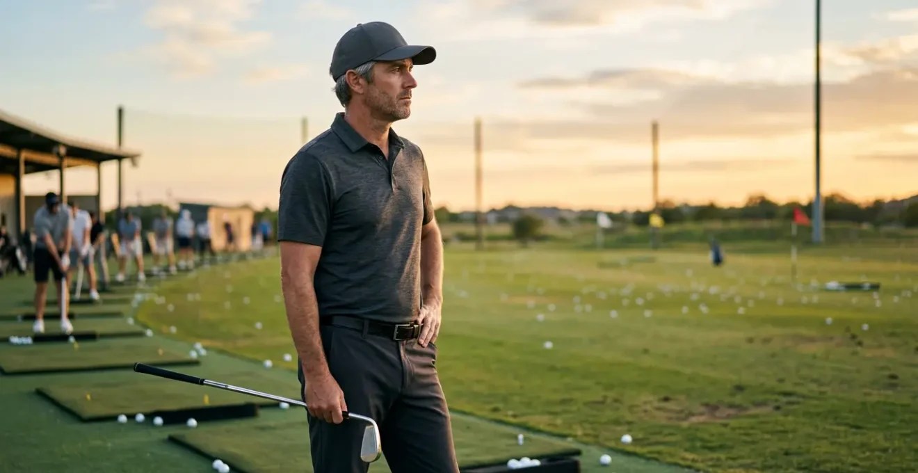 Golfer standing at practice range looking into distance contemplatively