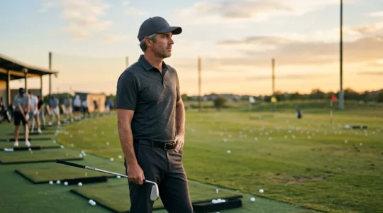 Golfer standing at practice range looking into distance contemplatively