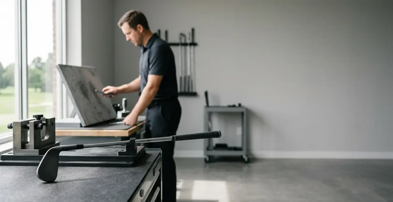 Professional club fitter analyzing iron lie angle on impact board with golfer in modern fitting studio