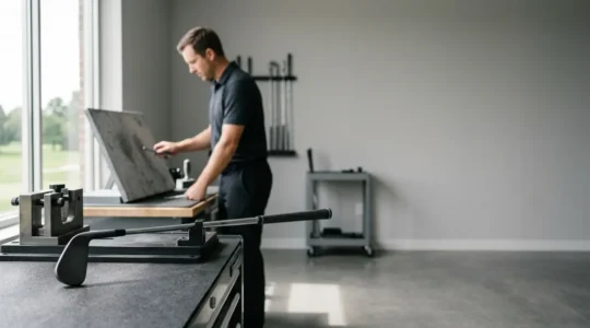Professional club fitter analyzing iron lie angle on impact board with golfer in modern fitting studio
