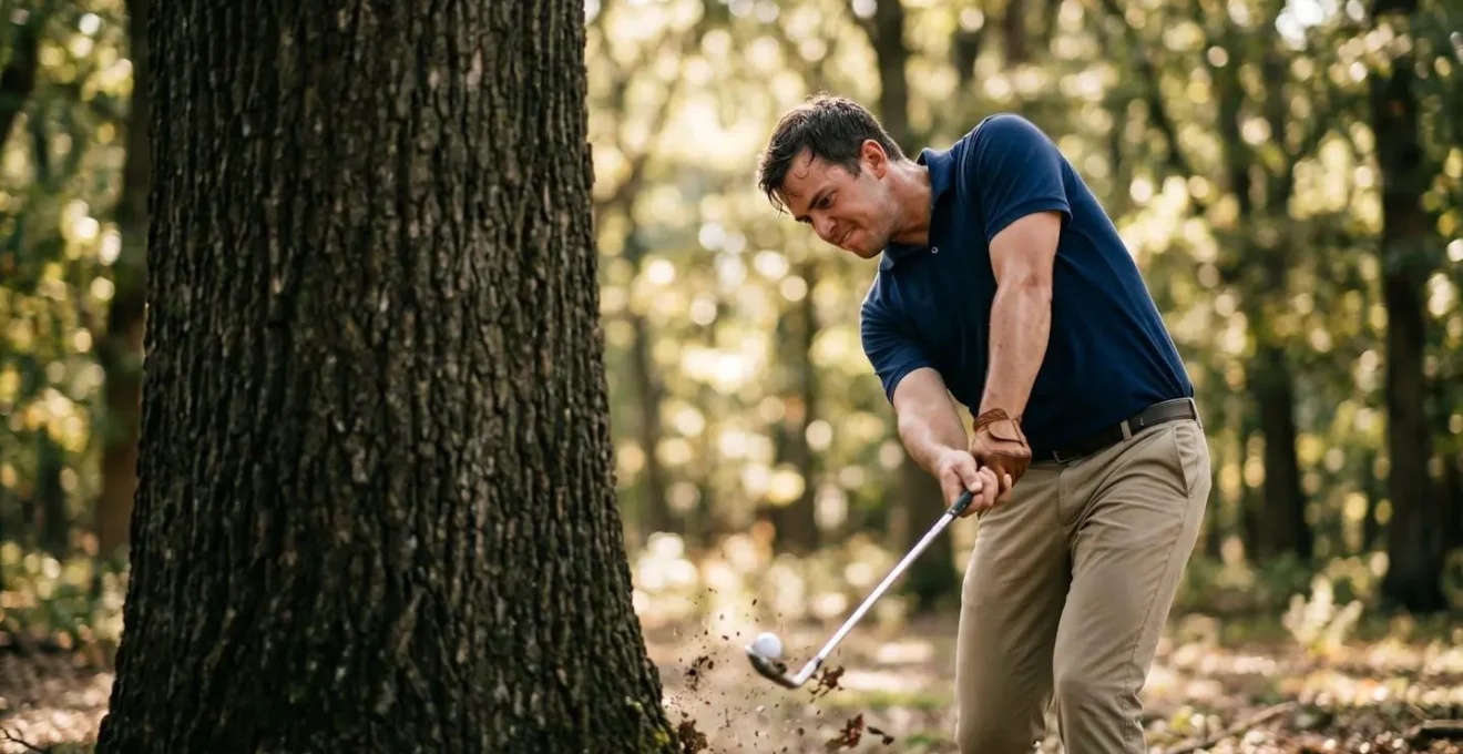 Golfer executing recovery shot around tree obstacle with curved ball flight