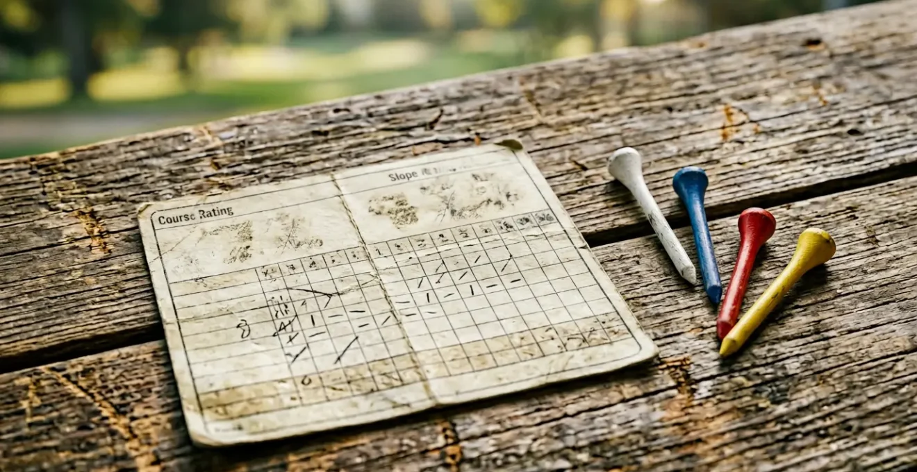 Golf scorecard displaying course rating and slope numbers with tee box markers in natural setting