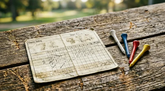Golf scorecard displaying course rating and slope numbers with tee box markers in natural setting