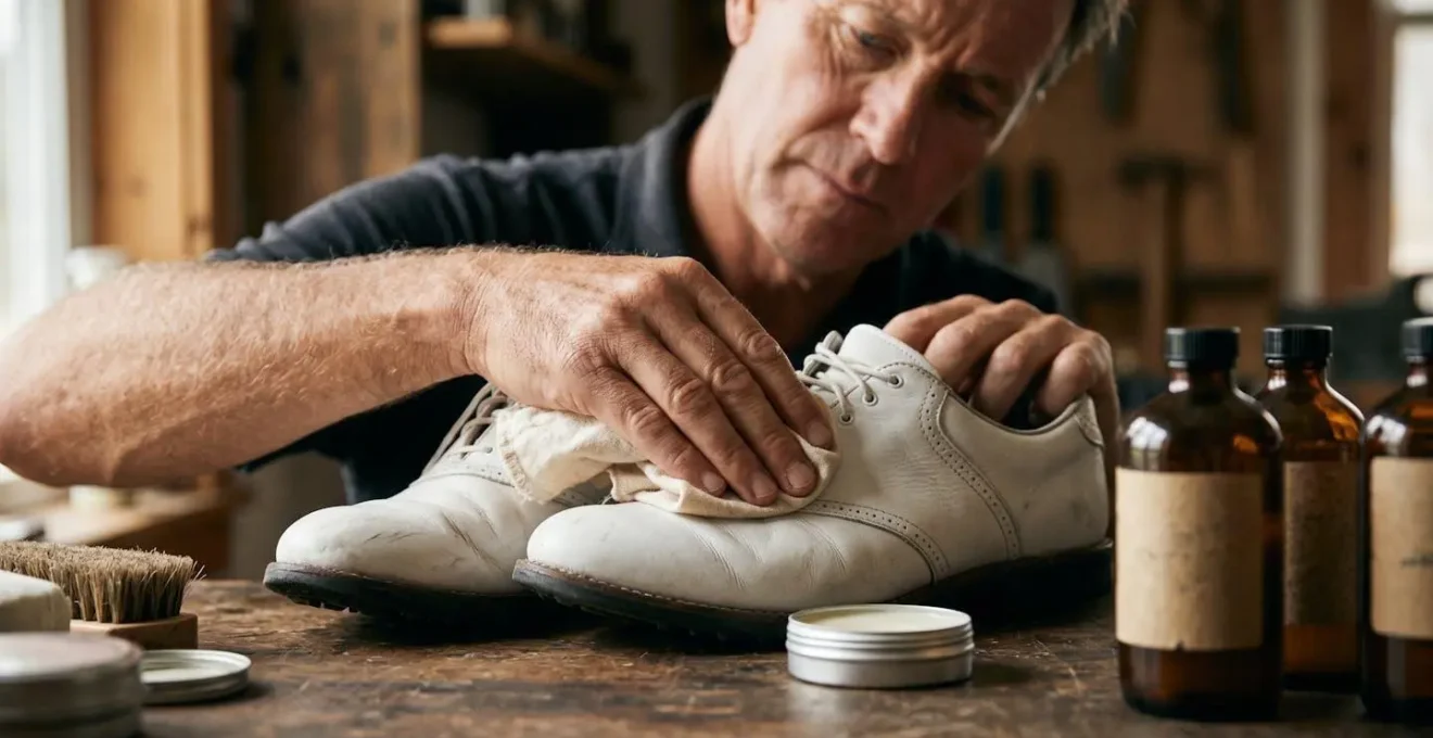 Close-up of hands carefully cleaning and conditioning white leather golf shoes with natural cleaning products in meditative ritual