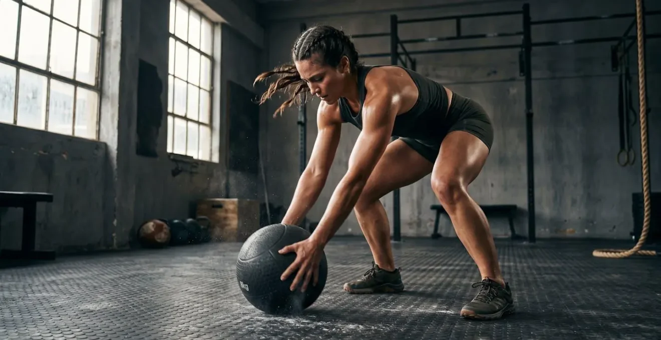 Athlete performing rotational medicine ball slam in athletic training facility