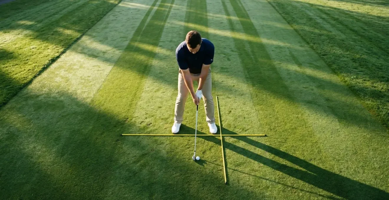 Overhead view of golfer demonstrating open stance setup for fade shot