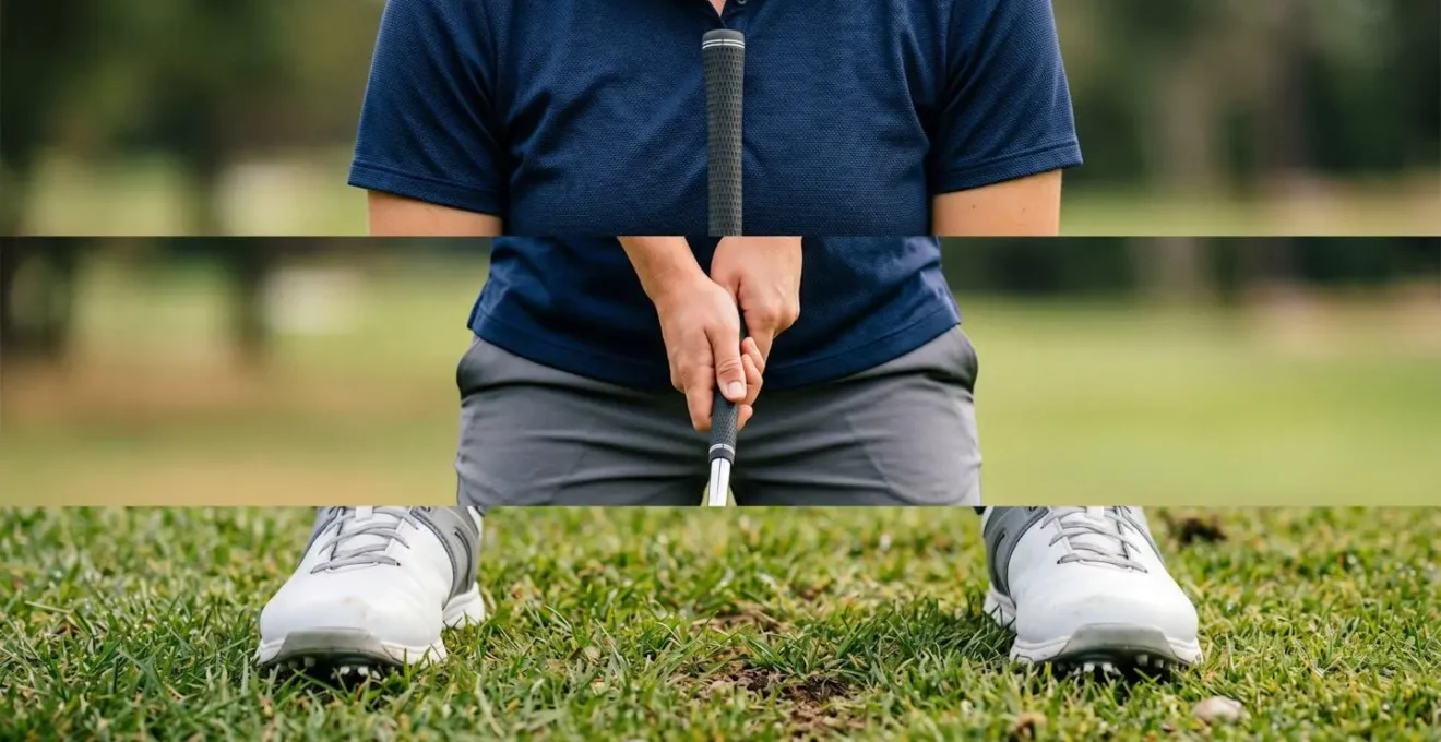 Detailed view of golfer's lower body and torso showing the hierarchical alignment of shoulders, hips, and feet for shot shaping