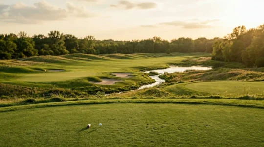 Golfer strategically analyzing course layout with focus on decision-making approach