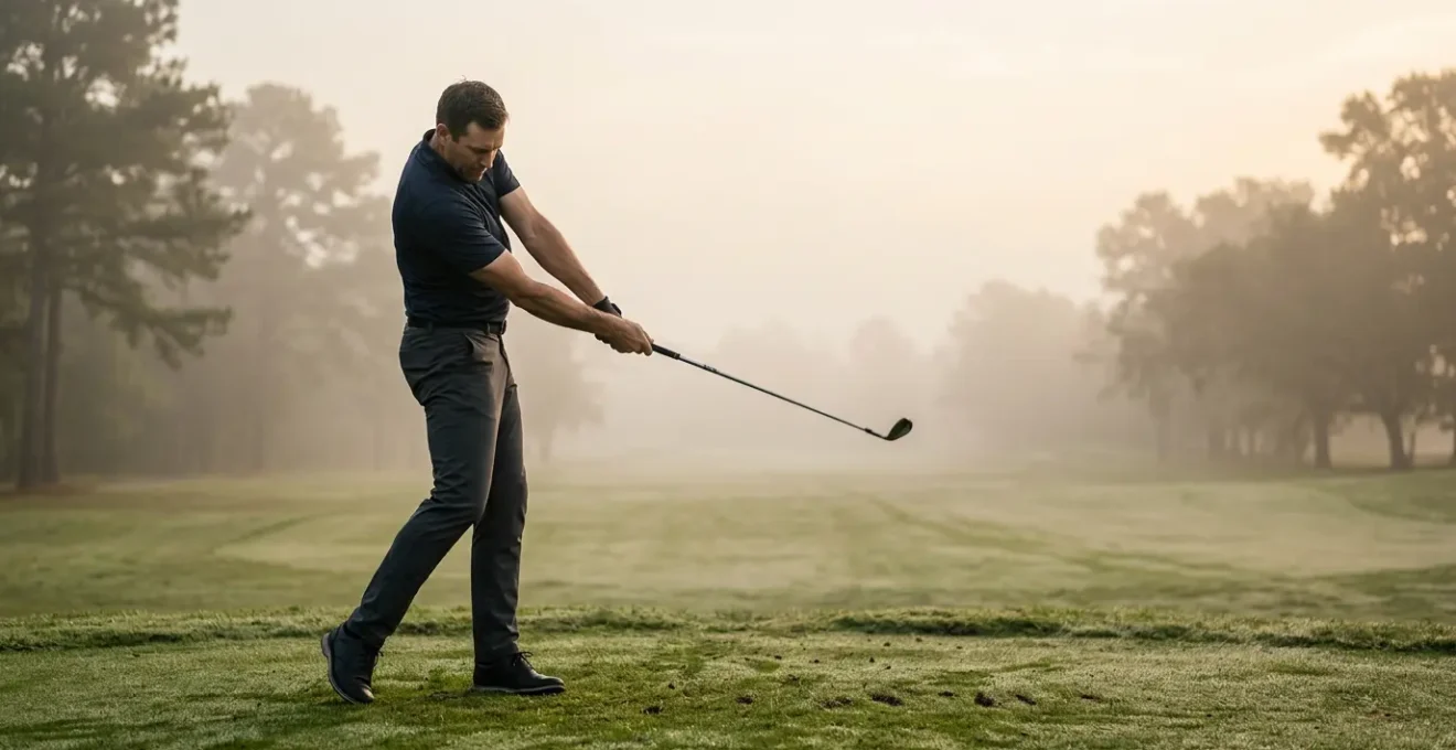 Professional golfer demonstrating proper hip-led swing mechanics on pristine golf course at dawn