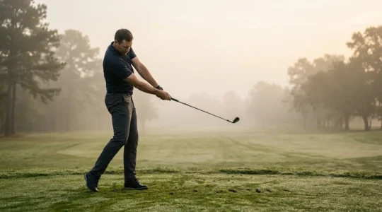 Professional golfer demonstrating proper hip-led swing mechanics on pristine golf course at dawn