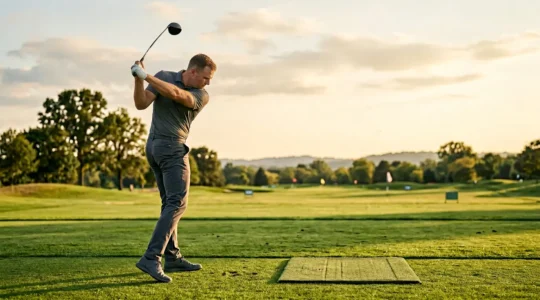 Professional golfer executing precise swing plane demonstrating biomechanical alignment and rotational control for repeatable ball striking
