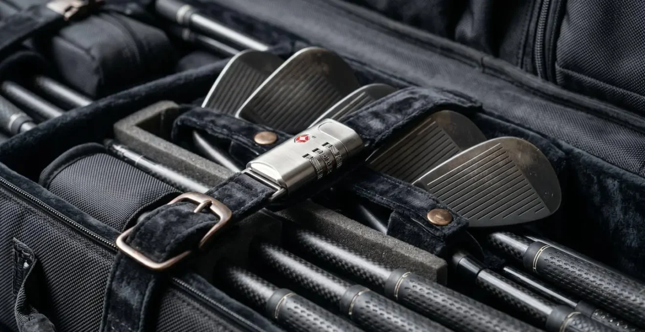 Close-up of professional golf travel bag with clubs secured for international flight