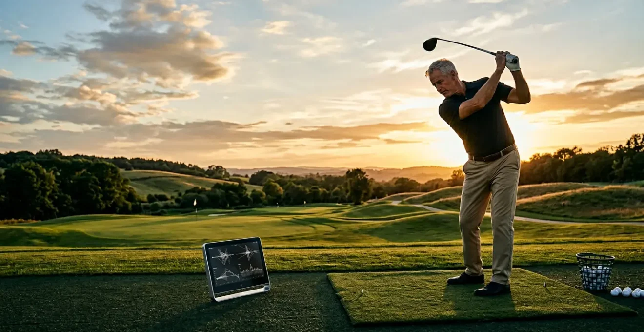 Golfer at twilight practicing with launch monitor technology while maintaining classic swing form