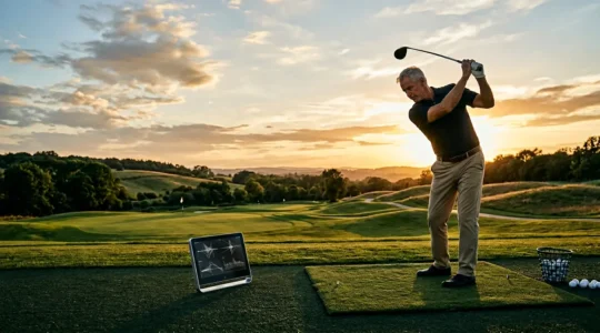 Golfer at twilight practicing with launch monitor technology while maintaining classic swing form