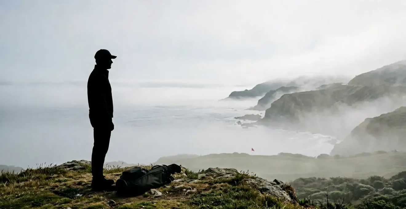 Professional golfer selecting club while observing marine fog conditions on coastal course