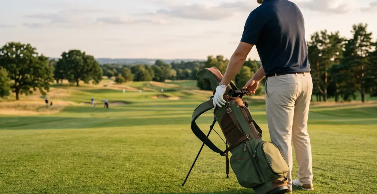 Golfer on golf course adjusting dual shoulder straps on stand bag for proper weight distribution and ergonomic fit
