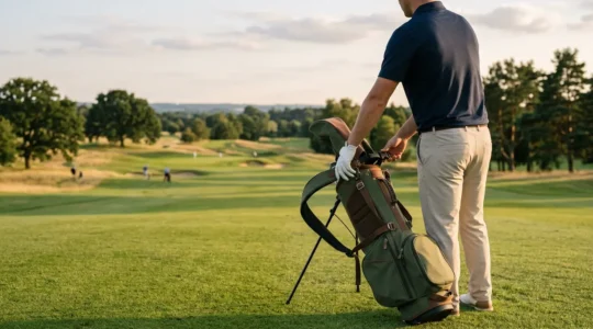Golfer on golf course adjusting dual shoulder straps on stand bag for proper weight distribution and ergonomic fit