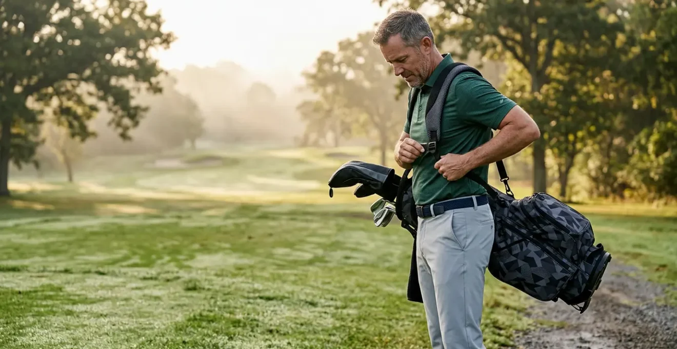 Golfer adjusting dual shoulder straps on golf stand bag for optimal weight distribution