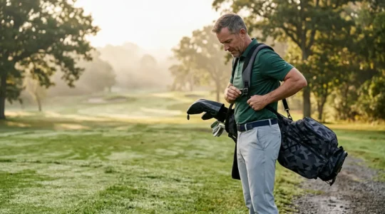 Golfer adjusting dual shoulder straps on golf stand bag for optimal weight distribution