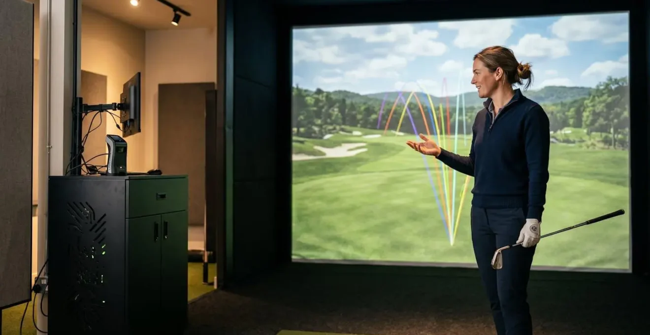 Golfer in modern indoor golf facility studying trajectory data in relaxed setting