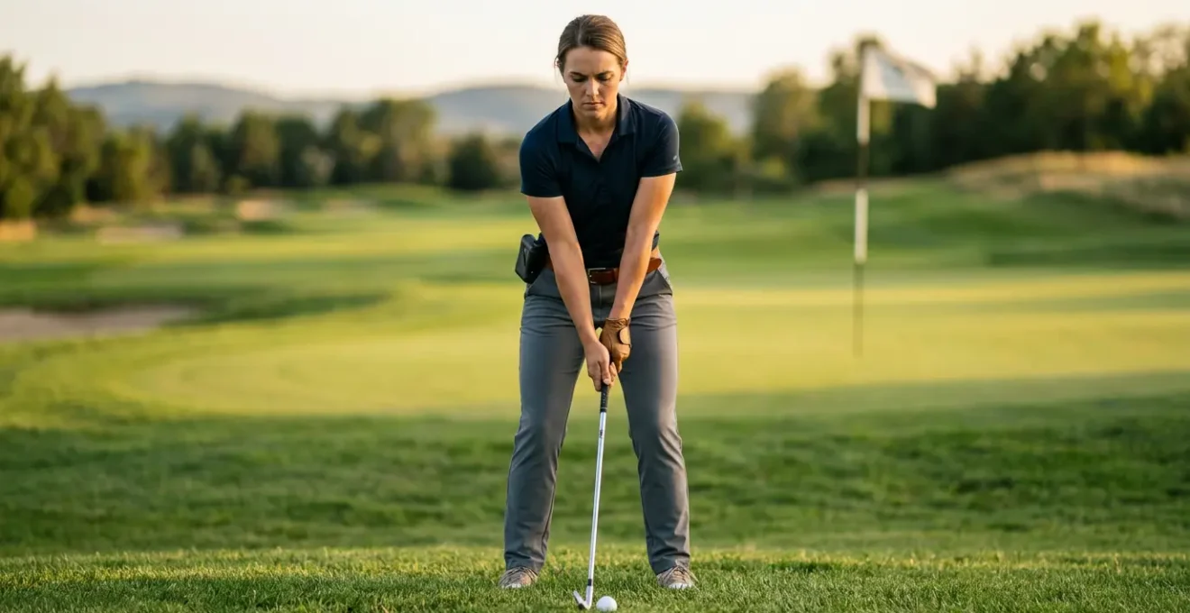 Professional golfer confidently addressing ball for approach shot with rangefinder on hip