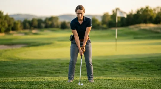 Professional golfer confidently addressing ball for approach shot with rangefinder on hip