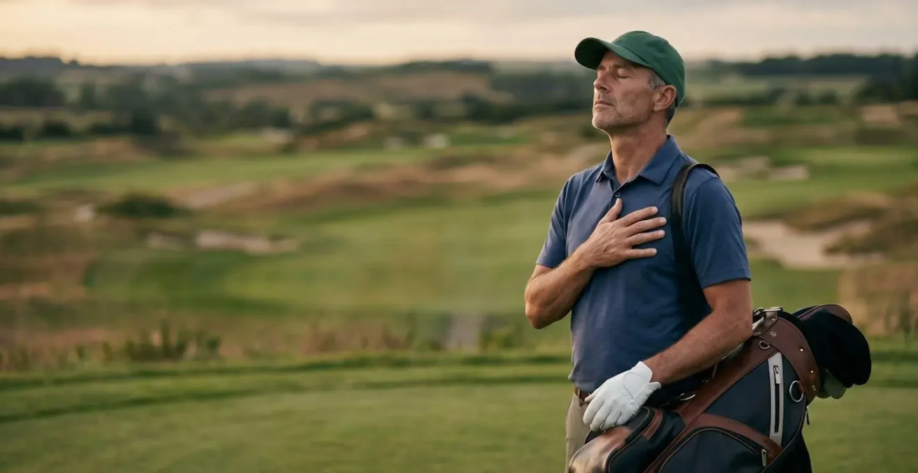 Golfer performing breathing exercise on elevated green with panoramic course view