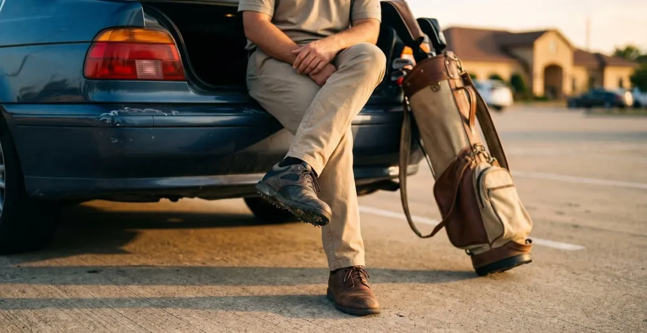 Wide angle view of golfer changing from golf shoes to street shoes in parking lot