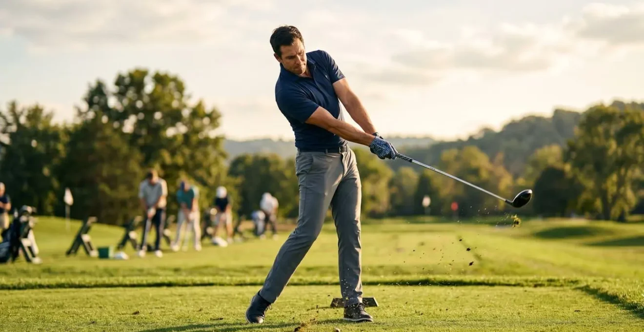 Golfer practicing swing during late afternoon optimal performance window