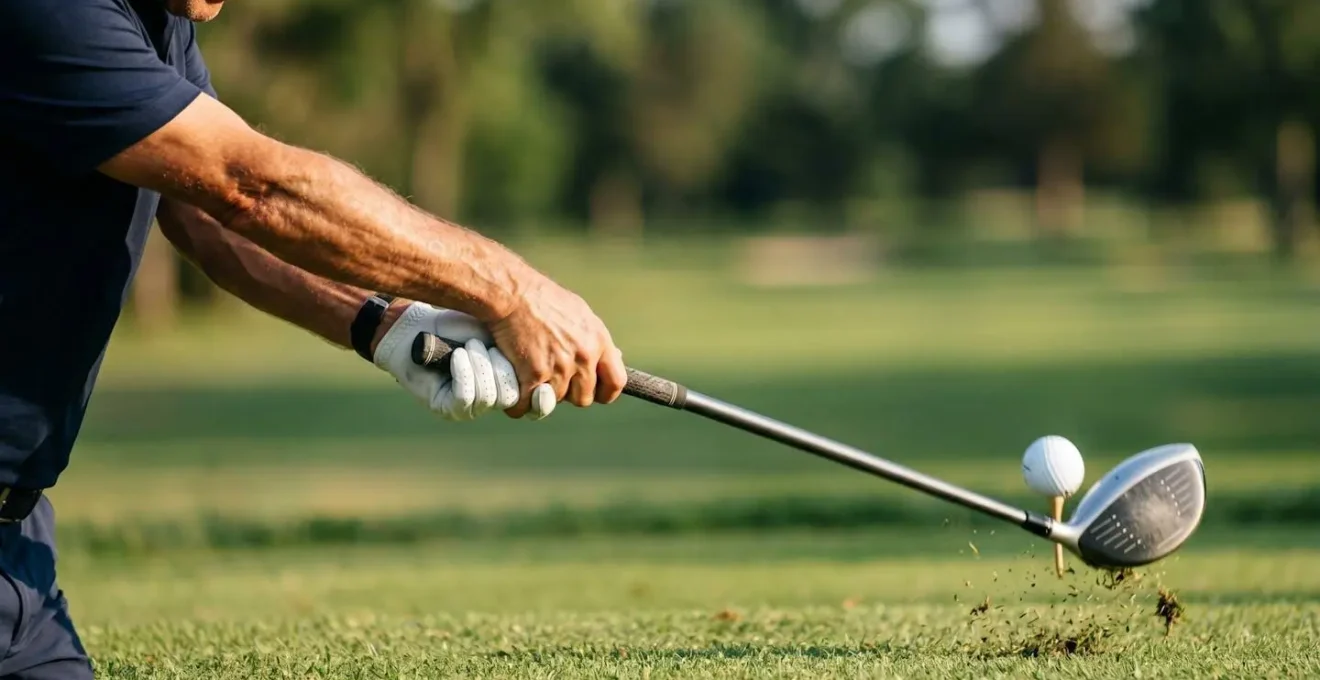 Close-up of golfer's hands and club at impact showing committed acceleration through ball