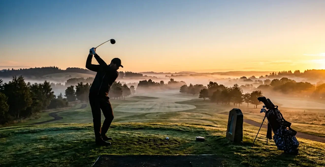 Professional golfer at first tee during golden hour sunrise with morning mist