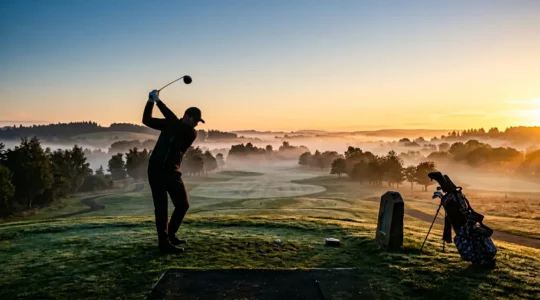 Professional golfer at first tee during golden hour sunrise with morning mist