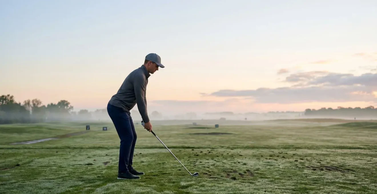 Side view of golfer demonstrating hip-hinge lifting technique with golf bag